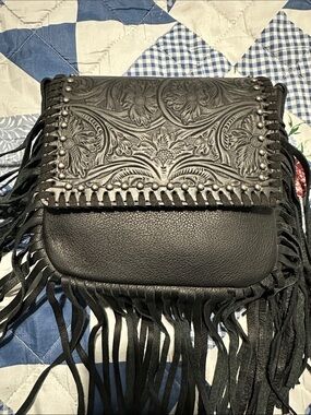 Montana West Black Tooled Leather Fringe Crossbody